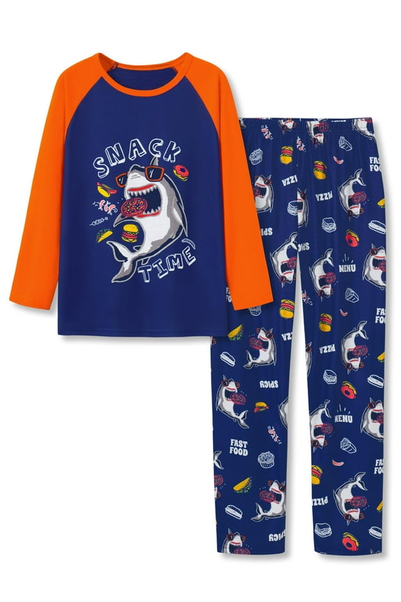 Boys Long Sleeve Cozy Pajamas Set 2 Piece Seasonal Jammie Shark Pizza All-over Print Grahic PJs Set for Kids Size 10