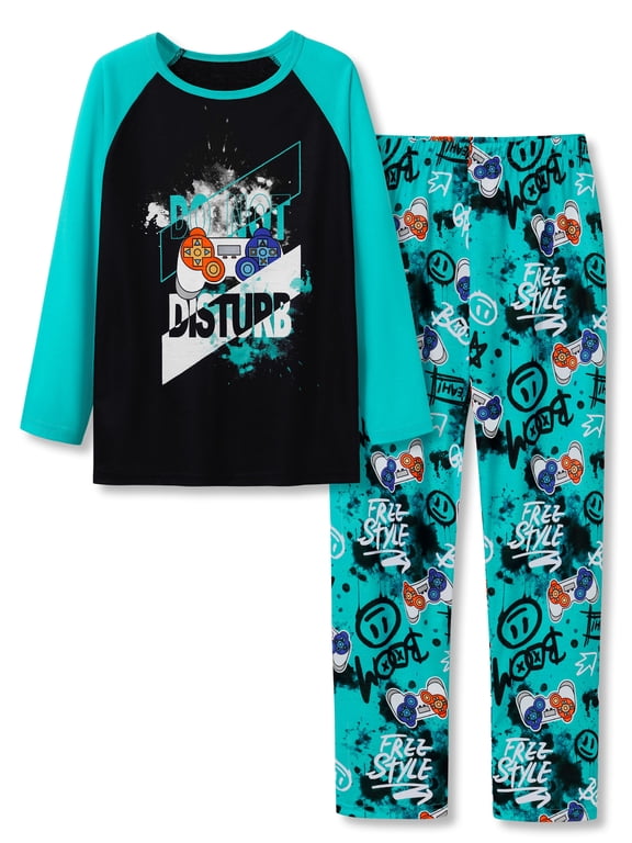 Boys Pajamas for Kids & Teenagers Long Sleeve Loungewear Pack of 2 Trendy Blue Gamer Casual PJs Set Size 8