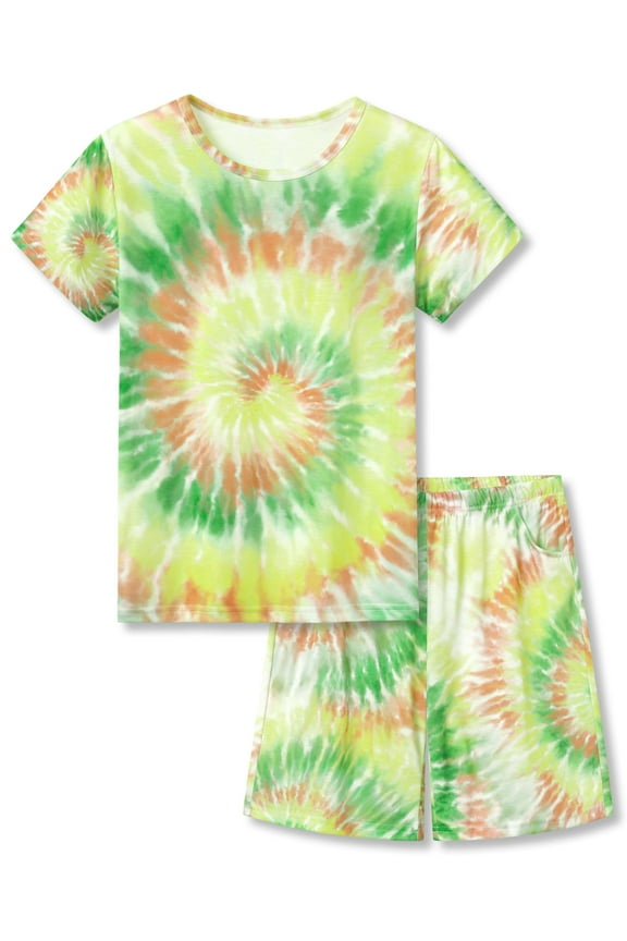Boys Yellow Orange Swirl Tie Dye Pajamas Soft Summer Sleepwear Cool Pjs for Children Top and Bottom Set Size 8