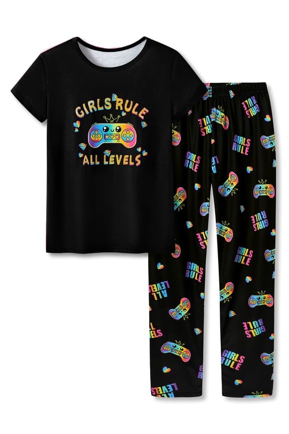 Cozy Summer Pajamas Set for Little & Big Girls Short Sleeves Pant 2-Piece Gamer Cartoon Sleepwear Set Size 12