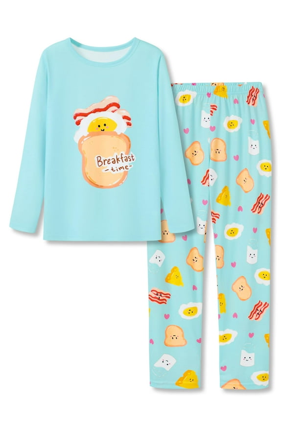 Cute Pajamas for Big Girls Light Blue Breakfast Time Toast Comfy Sleepwear Long Sleeve & Pant Sets Size 16