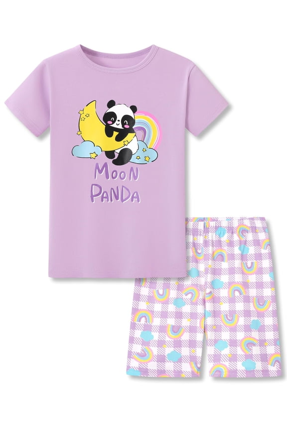 Girl Cotton Panda Pajamas Cozy Summer Crewneck Short Sleeve Set Snug-fit Toddler Rainbow Jammie for Kid Size 12