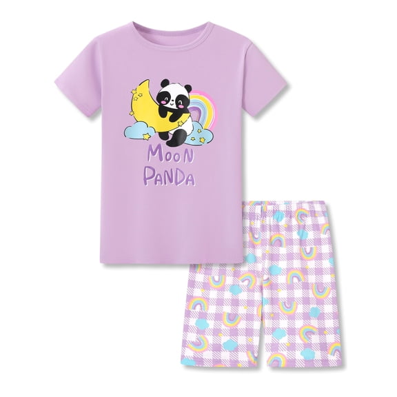 Topgal Girl Cotton Panda Pajamas Cozy Summer Crewneck Short Sleeve Set Snug-fit Toddler Rainbow Jammie for Kid Size 4T