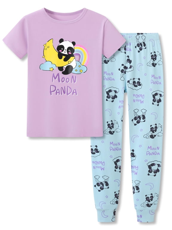 Girls 2-Pieces Cotton Pajamas Set Panda Nightwear Crewneck Short Sleeve Summer Snug-fit Jammie Set Size 5T