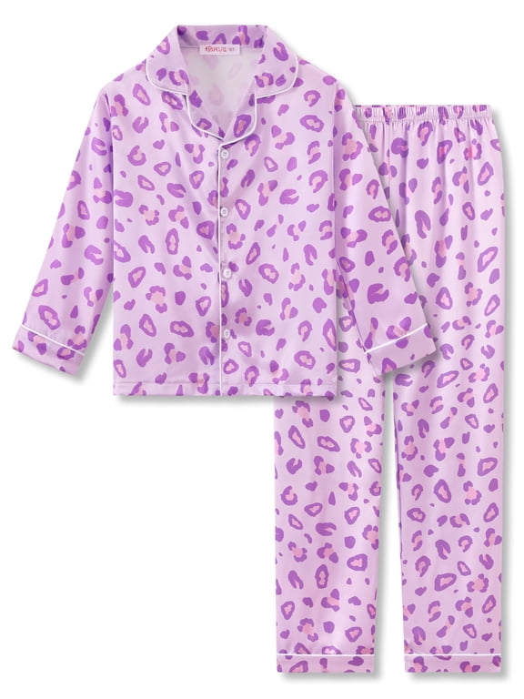 Girls Button Up Satin Pajamas Soft Pjs for Kids Purple & Pink Leopard Long Sleeves&Pant Sleepwear Set Size 10
