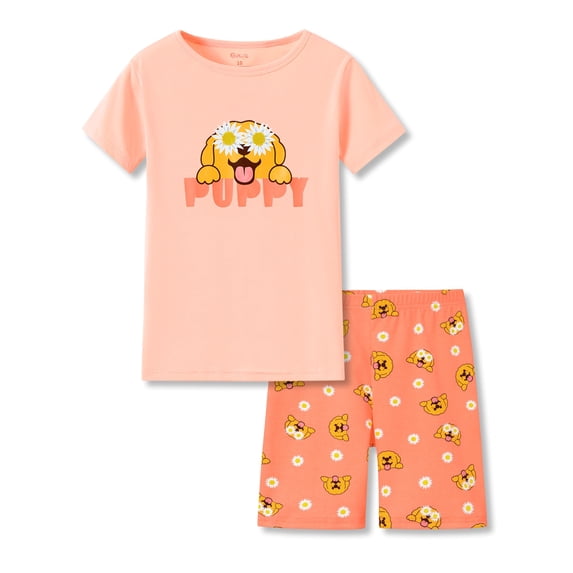 Topgal Girls Cotton Knit Pajamas Toddler Summer Top & Shorts Sung Fit Dog Pjs Orange Sleepwear Clothes Set Size 6