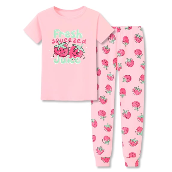 Topgal Girls Cotton Pajamas Kids Sleepwear Pull-on Crewneck Short Sleeves Snug-fit Jammie Pink Strawberry Set Size 5T