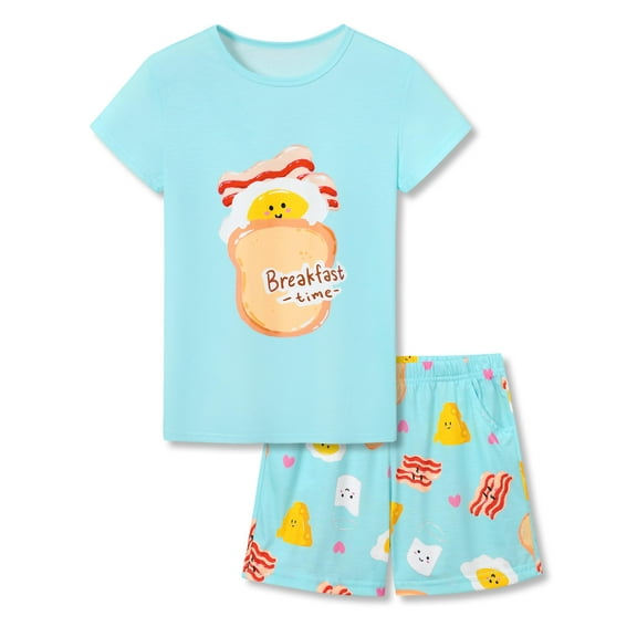 Topgal Girls Cute Matching Pajamas Breakfast Time Toast Light Blue Soft Summer Sleepwear Short Sleeves Sets Size 16