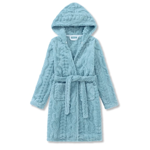 Topgal Girls Hooded Robe Fuzzy Flannel Robe for Kids Warm Pajamas Fleece Light Blue Wheat Jacquard Soft Bathrobe Size 10