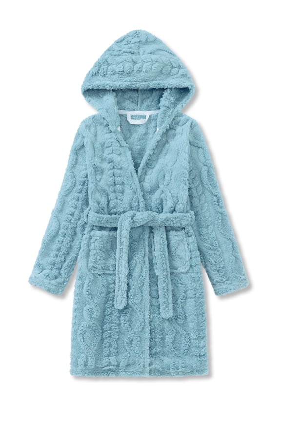 Girls Hooded Robe Fuzzy Flannel Robe for Kids Warm Pajamas Fleece Light Blue Wheat Jacquard Soft Bathrobe Size 18