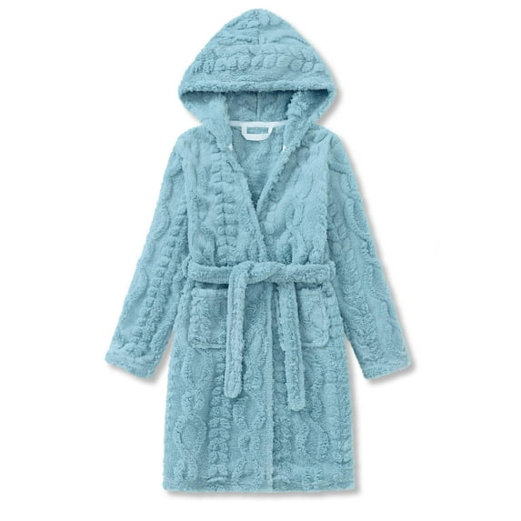 Topgal Girls Hooded Robe Fuzzy Flannel Robe for Kids Warm Pajamas Fleece Light Blue Wheat Jacquard Soft Bathrobe Size 18
