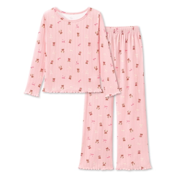 Topgal Girls Long Sleeve Pajama Set, All‑Over Bear & Bow Print Light Pink Lettuce Trim Soft Ribbed Knit Kids 2‑Piece Sleepwear Size 10