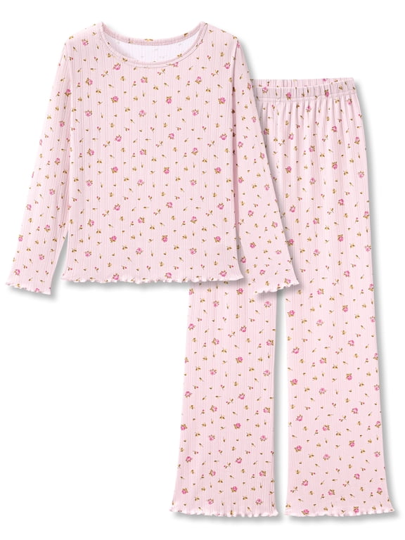 Girls Long Sleeve Pajama Set, All‑Over Pink Rose Floral Print Light Pink Lettuce Trim Soft Ribbed Knit Kids 2‑Piece Sleepwear Size 14