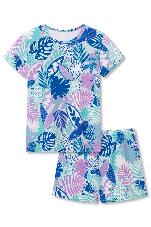 Girls Pajamas 2-Piece Set - Blue Purple Tropical Leaf Print Sleepwear Short Sleeve Loungewear Set Size 10