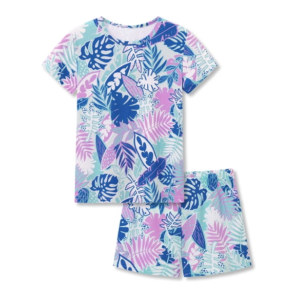 Topgal Girls Pajamas 2-Piece Set - Blue Purple Tropical Leaf Print Sleepwear Short Sleeve Loungewear Set Size 8