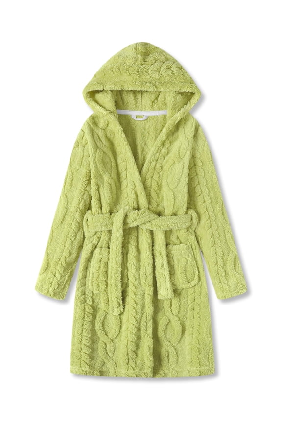 Girls Robe Hooded Bathrobe Flannel Plush Sleepwear Fleece Pajamas Lime Green Wheat Jacquard Spa Robe Size 5T