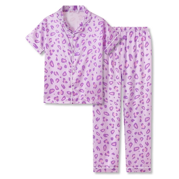Topgal Girls Satin Pajama Nightwear 2 Pcs Button-down Jammie Purple & Pink Leopard Pjs Set for Teen Girls Size 12