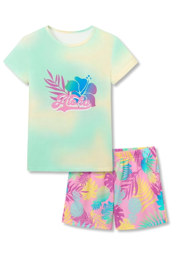Girls Summer Pajamas Tropical Flower and Palm Leaf Aloha Graphic Sleep Set Teen Kid Short Jammies Size 18
