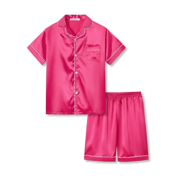 Topgal Hot Pink Pajama 2PC Set for Little & Big Girls – Satin Summer Cute Button Down Girl PJ Set Size 12