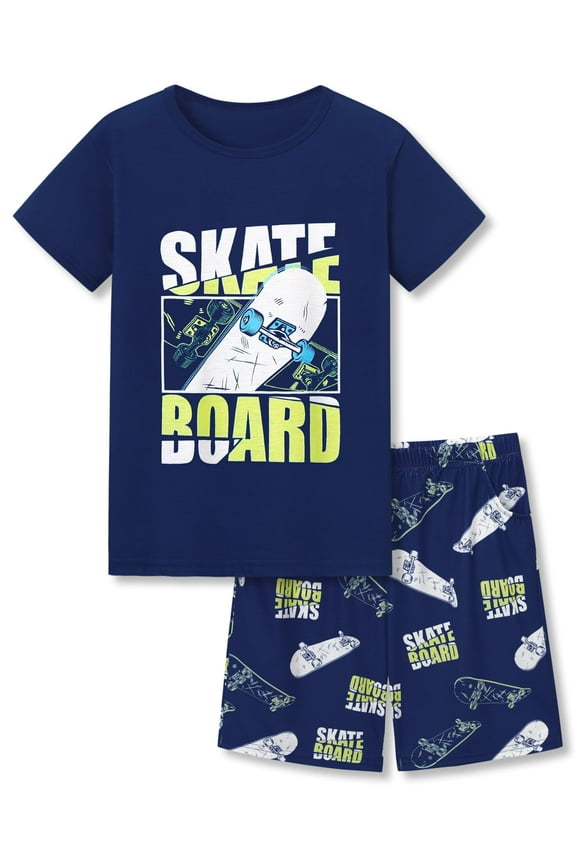 Kids & Big Boys Pajamas Comfy Navy 2 Piece Short Sleeves Top & Shorts Skate Board Trendy Sleepwear Set Size 10
