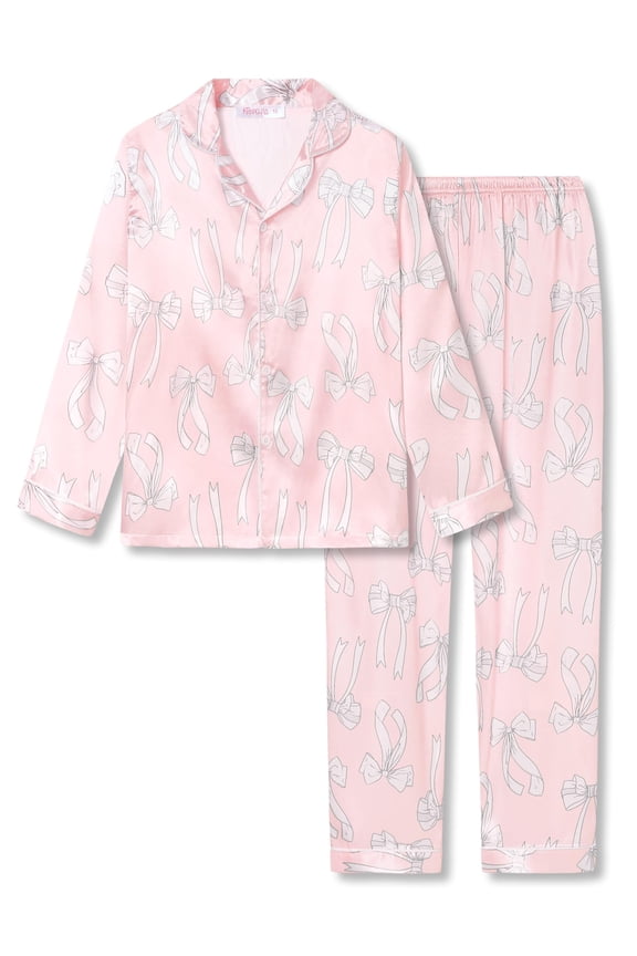 Kids Satin Pajamas Long-Sleeve Button Down Sleepwear Pant Pink & White Bows Girls Silky PJS Size 10