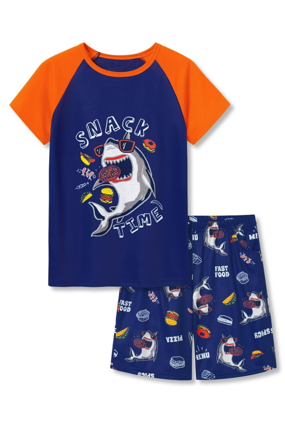 Little Big Boys Orange Raglan Short Sleeves Pajamas Summer Shark Pizza Snack Time Navy PJs Set for Kids Size 14
