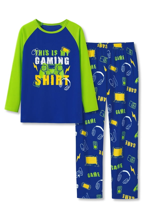 Little & Big Boys Trendy 2-Piece Pajamas Neon Green Gamer Kids' Comfy Long Sleeve Pant Nightwear Set Size 18