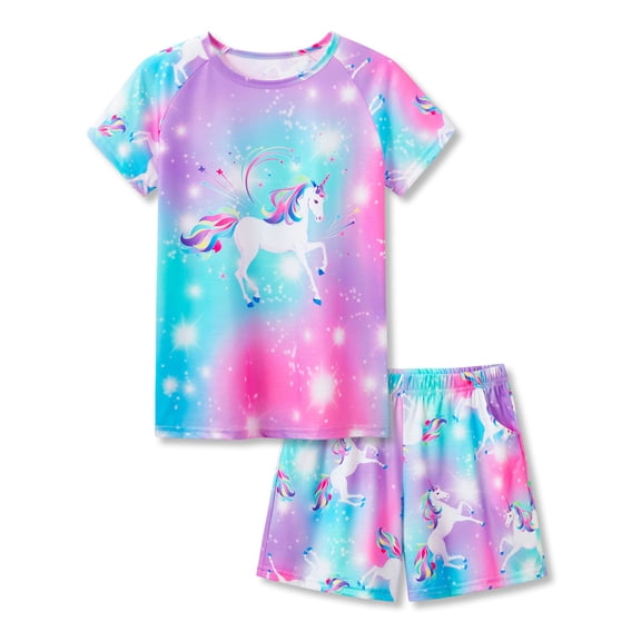Topgal Little & Big Girls Pajamas Cute Rainbow Unicorn Cotton Short Sleeve PJ Set for Big Girls Size 12