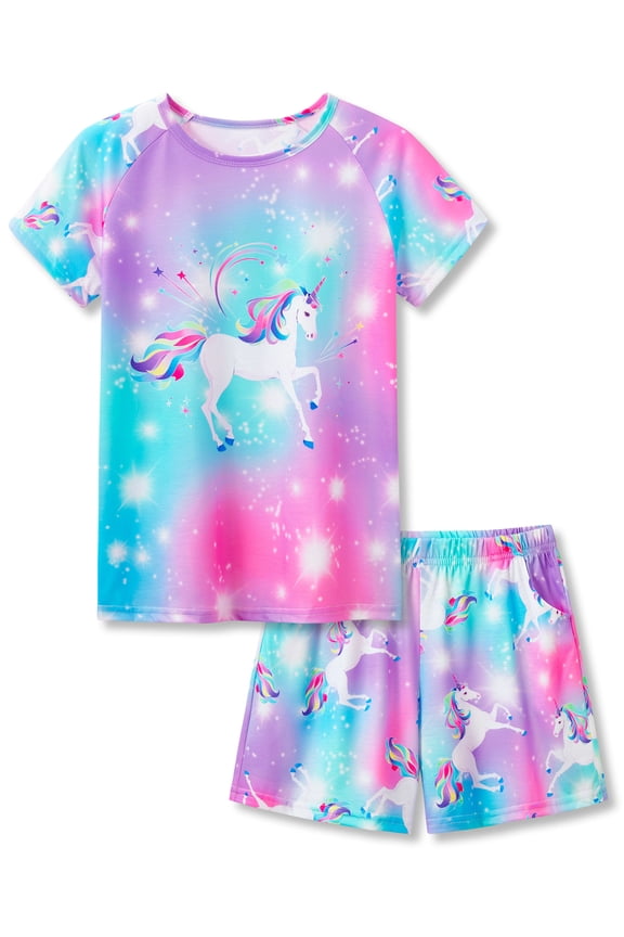 Little & Big Girls Pajamas Cute Rainbow Unicorn Cotton Short Sleeve PJ Set for Big Girls Size 12