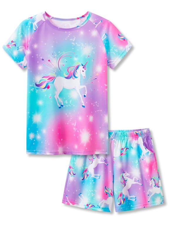 Little & Big Girls Pajamas Cute Rainbow Unicorn Cotton Short Sleeve PJ Set for Big Girls Size 14