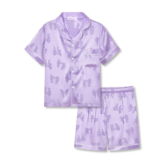 Topgal Little & Big Girls Soft Jacquard Satin Pajamas Coat Style Button-up Short Sleeves Kid Jammie Silky Bow Sleepwear Size 10