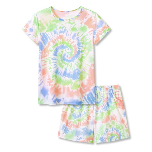 Topgal Little & Big Girls Tie Dye Green & Orange Swirl Pajamas Short Sleeves 2PC PJ Set Cute Jammies Size 18