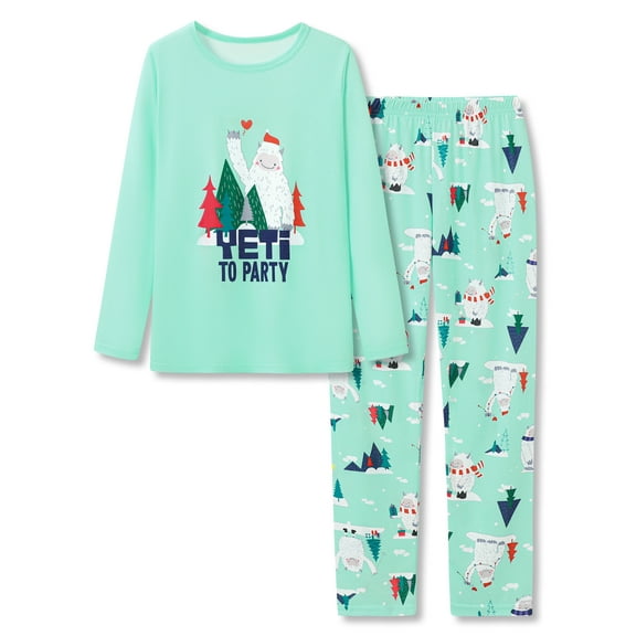 Topgal Lovely Christmas Pajamas for Little Girls Light Green Yeti Xmas Kids Jammie Long Sleeve & Pant Sets Size 14