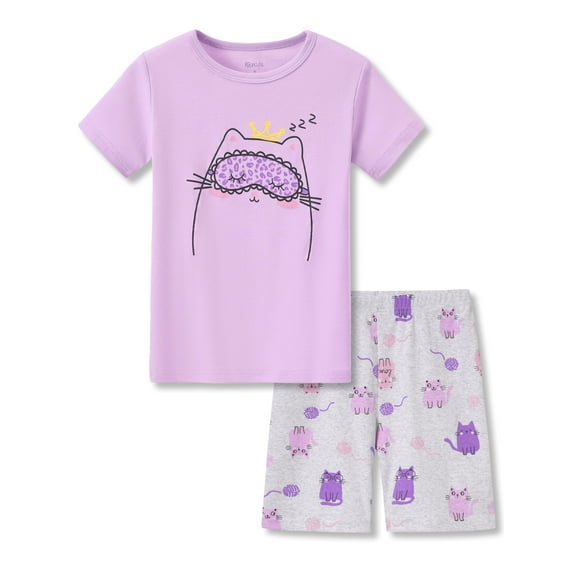 Topgal Lovely Kitten Toddler Pajamas Cotton Sung Fit Jammies for Little & Big Girl Purple 2-Piece Cat Pjs Set Size 10