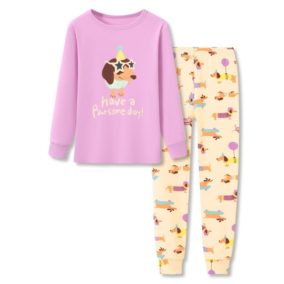 Topgal Lovely Puppy Dachshund Pajama for Little Girls Pink & Purple Cotton Long Sleeve Pant 2 Piece Jammie Set Size 14