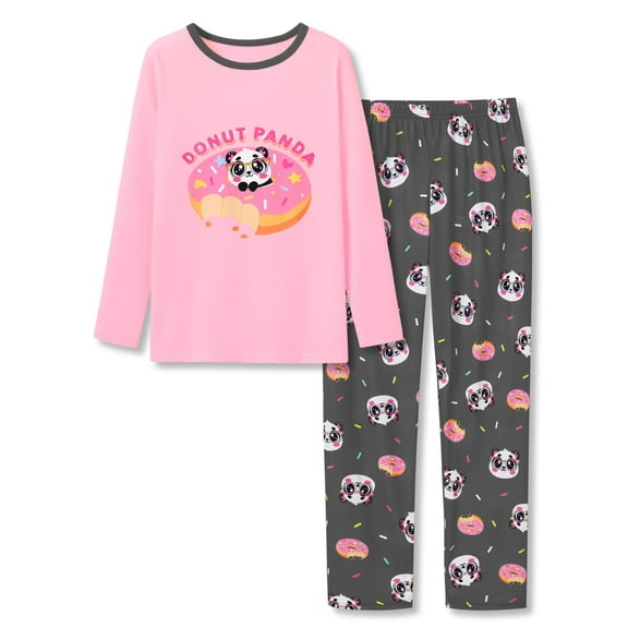Topgal Lovely Teen Girls Pink Gray Donut Panda Pajamas Long Sleeve Pant 2 PC Loungewear Set Little Girl PJs Size 14
