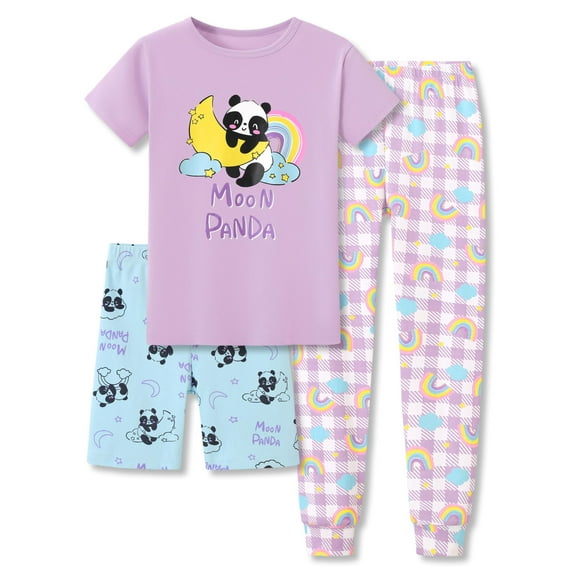 Topgal Moon Panda Pajamas Kids Cotton Rainbow Short Sleeves Shorts & Checkered Pant 3 PCS Soft Jammie Size 10