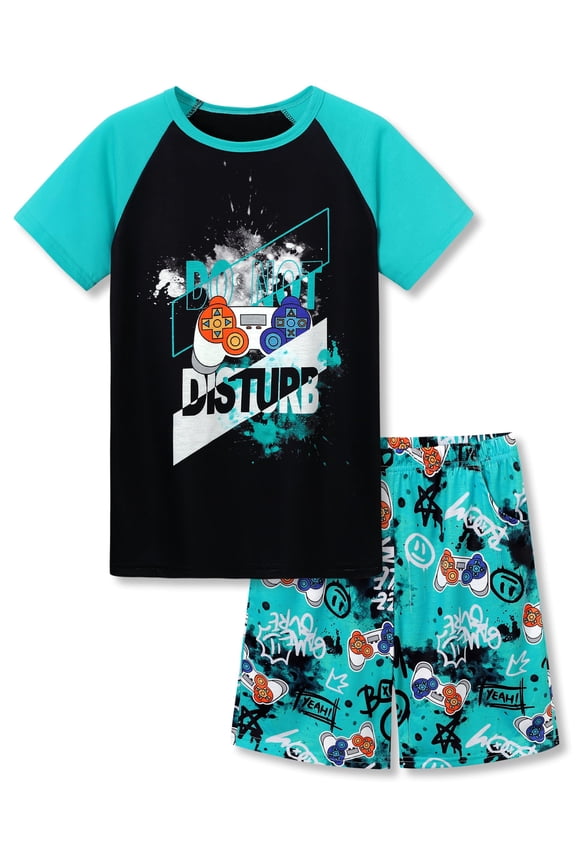 Pajamas for Boys 2-Piece Top Shorts Loungewear Trendy Blue Gamer Theme Cloth Set Little Kid's Jammies Size 16