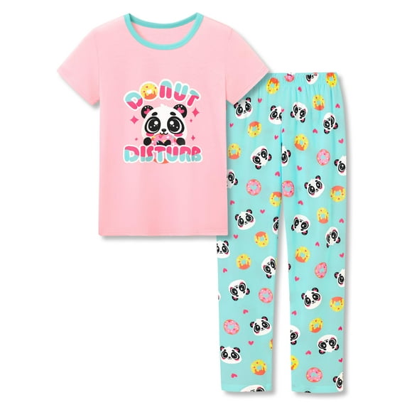 Topgal Panda Pajamas for Girls Cartoon Print Pjs 2-Piece Pull On Short Sleeve Pant Donut Jammies PJ Set Size 8