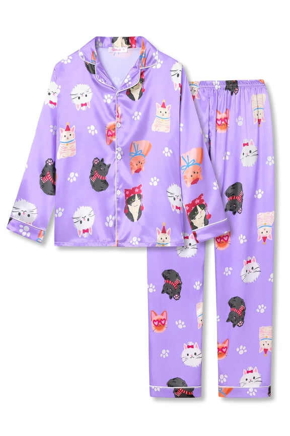 Satin Girls Satin Pajamas 2 PC Comfy Long Sleeves and Pants Purple Cat Teen & Little Kid Pjs Set Size 14
