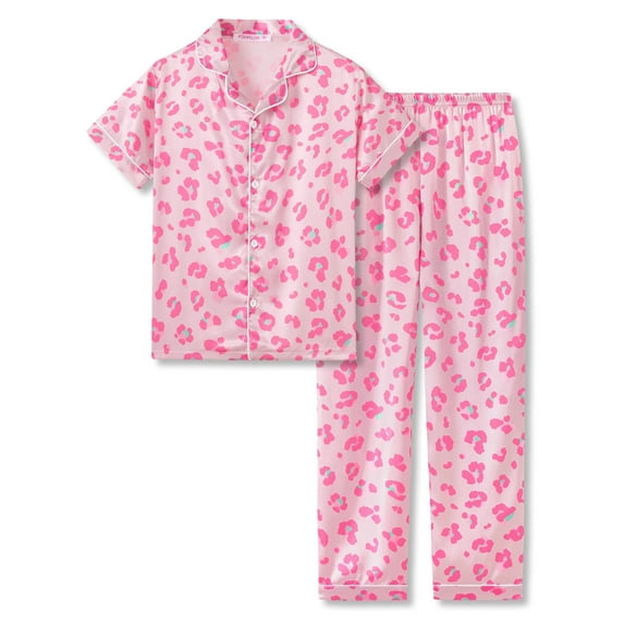 Topgal Satin Pajama Set for Girls Beige & Pink Leopard Short Sleeves Pant Button-up Silky Nightwear Size 8