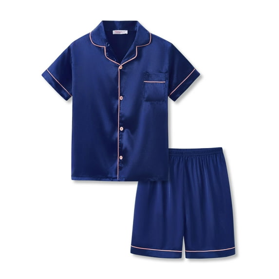 Topgal Satin Pajamas for Kid Girls Coat Style Two Piece Loungewear Cloth Short Silky Sleepwear Set Size 12