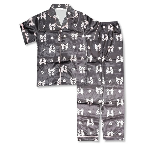 Topgal Satin Summer Pajamas for Girls Silky Button Down 2PC Black & Pink Polka Dot Bow Pjs Jammie Set Size 10