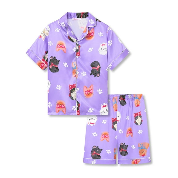 Topgal Silky Pajamas for Little & Big Girls Summer Satin Pjs Purple Cat Short Button-Up Kids Jammie Size 12