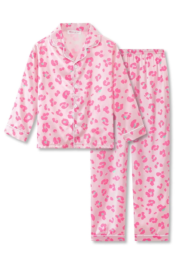 Silky Satin Pajamas for Big/Teen Girls Beige & Pink Leopard 2 PC Comfy Long Sleeves Teen Nightwear PJ Size 12