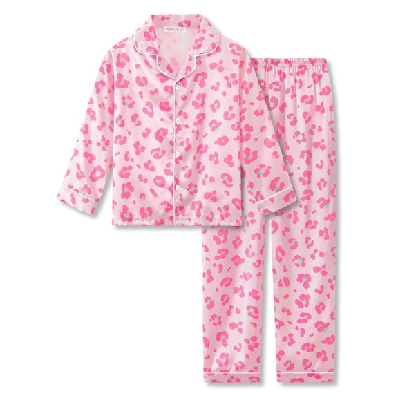 Topgal Silky Satin Pajamas for Big/Teen Girls Beige & Pink Leopard 2 PC Comfy Long Sleeves Teen Nightwear PJ Size 12