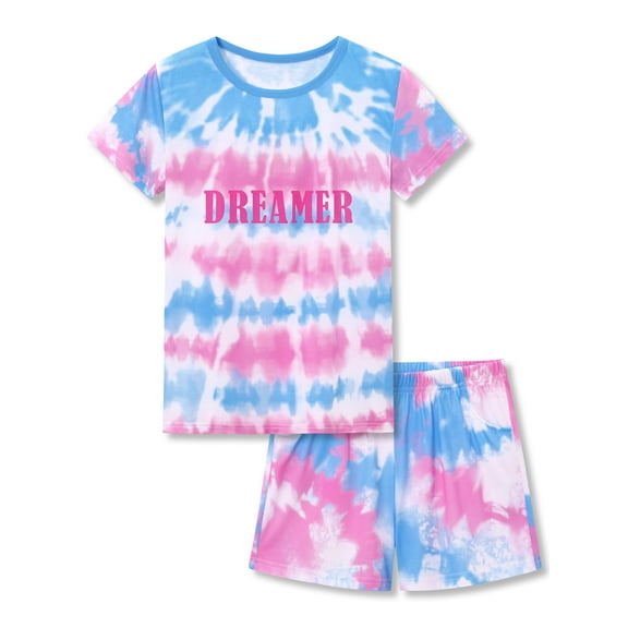 Topgal Soft Comfy Tie-Dye Pajamas for Little Big Girls Pull-on 2PC Sleepwear Short Sleeve Loungewear PJS Sets Size 14