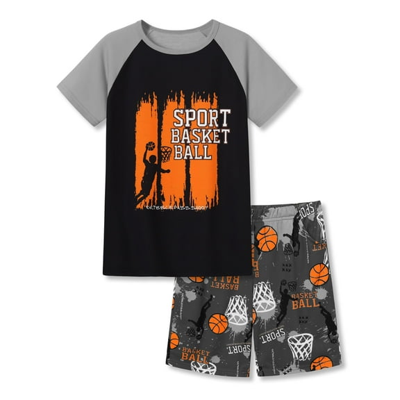 Topgal Sport Boys Trendy 2-Piece Basketball Pajamas Gray Raglan Short Sleeves Top and Bottom Sleepwear Set Size 12