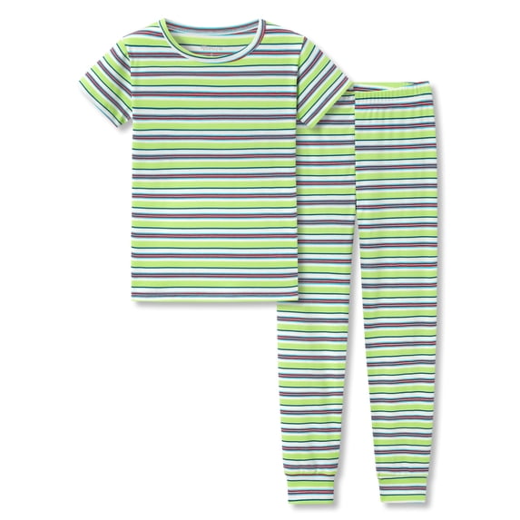 Topgal Summer Pajamas for Unisex Kids - Lime Green & White Stripe Snug Fit Pull-On Short Sleeve Sleepwear Pjs Set Size 8