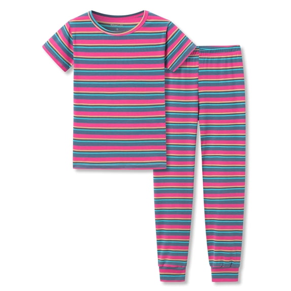 Topgal Summer Pajamas for Unisex Kids - Neon Pink & Apricot Stripe Snug Fit Pull-On Short Sleeve Sleepwear Pjs Set Size 10